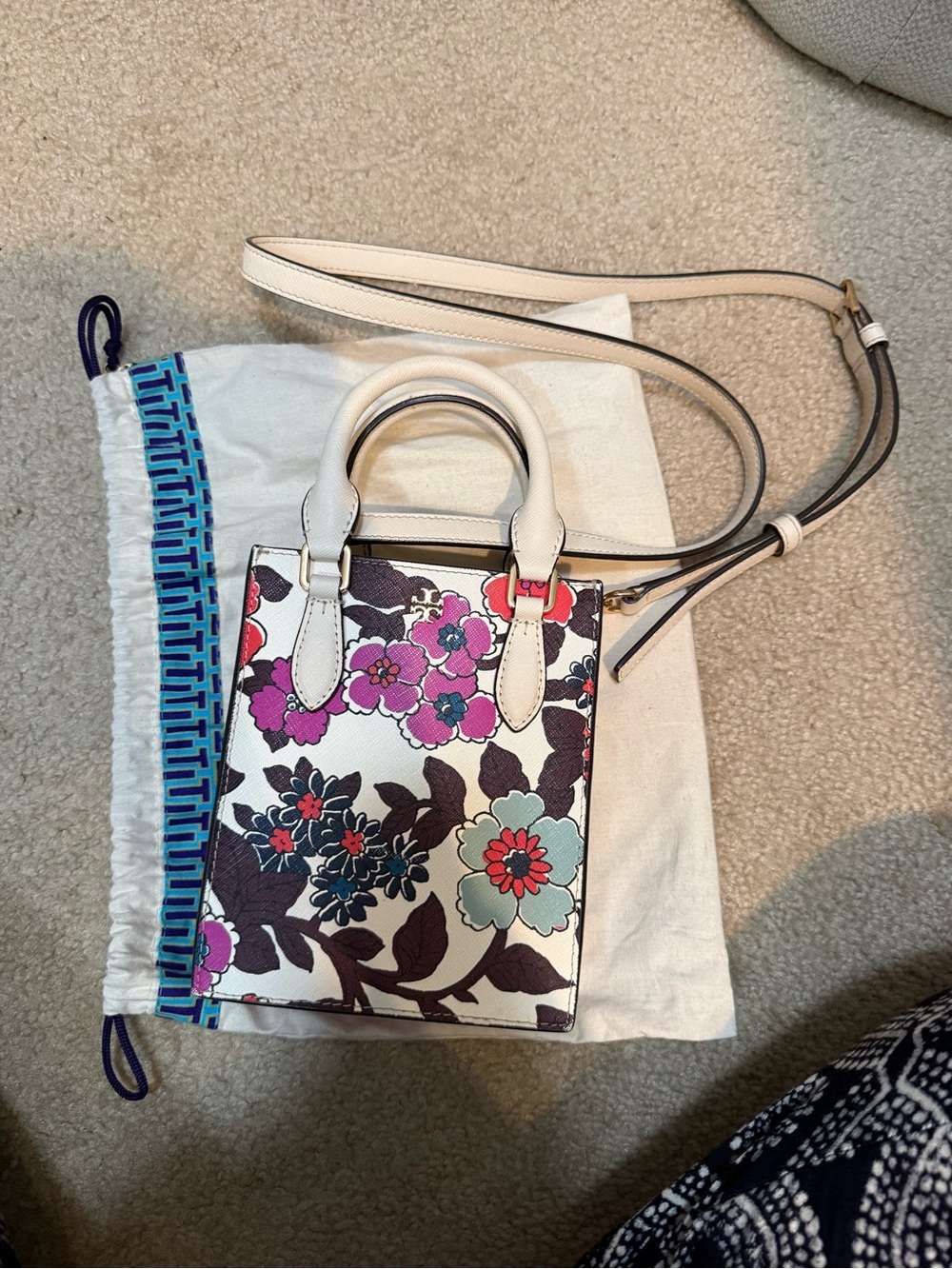 White Floral Tory Burch Crossbody mini Tote Bag with Pink & Teal Accents - Picture 1 of 2